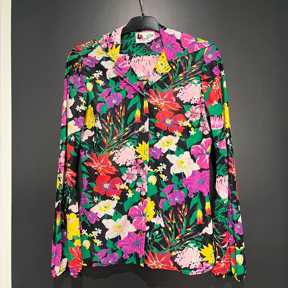 Vintage Vibrant Floral Women's Button Up Mesh Shirt with Hood multicolor